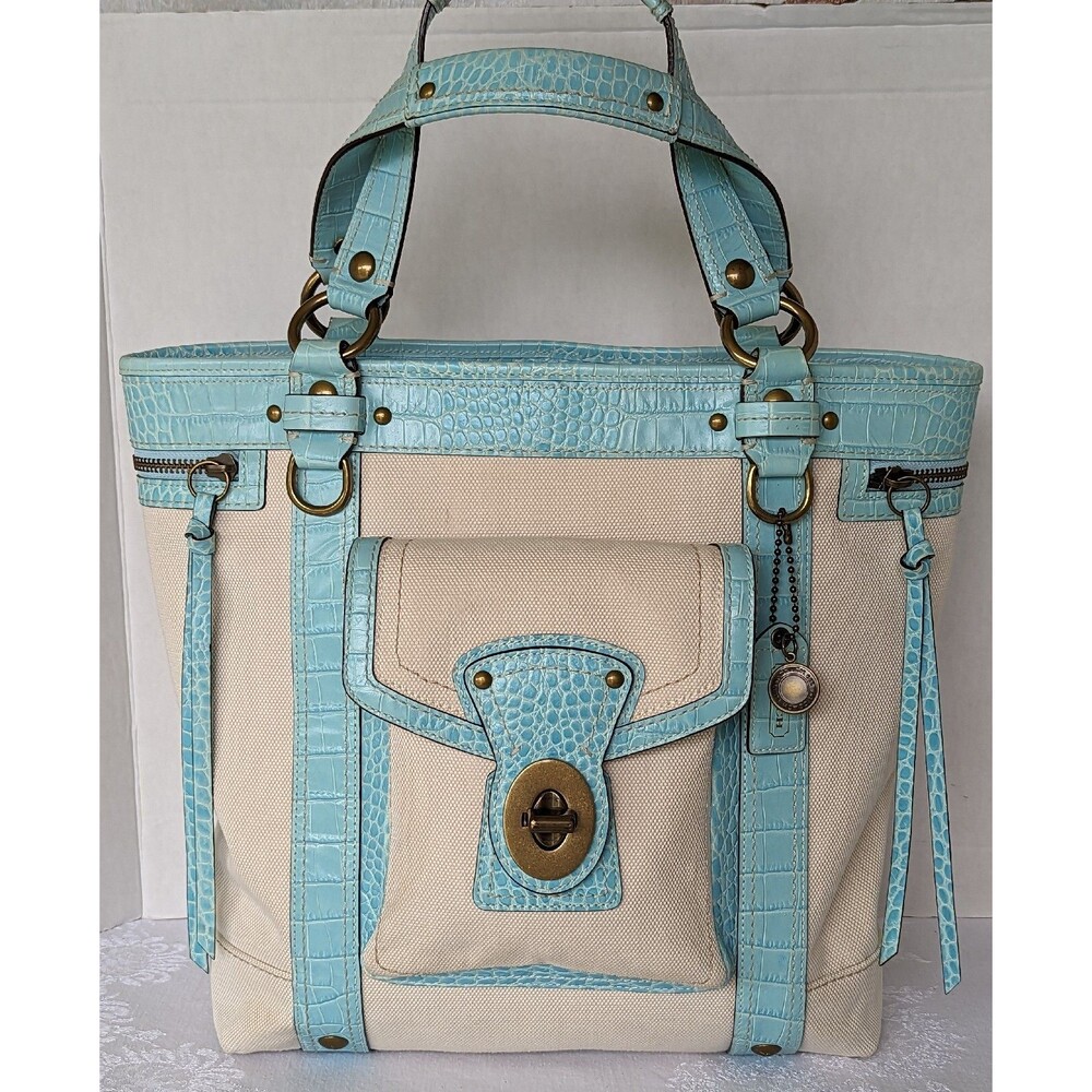 Coach Legacy Slim Tote Bag 10648 Turquoise Blue Beige Canvas Leather Vintage Y2K